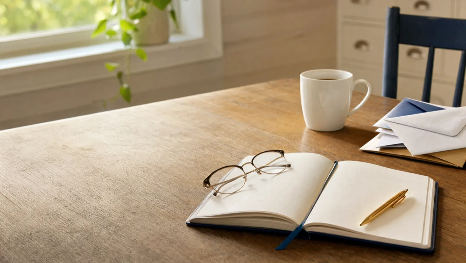 An open notebook, reading glasses, a cup of coffee and a small stack of unopened mail on a sunlit kitchen table