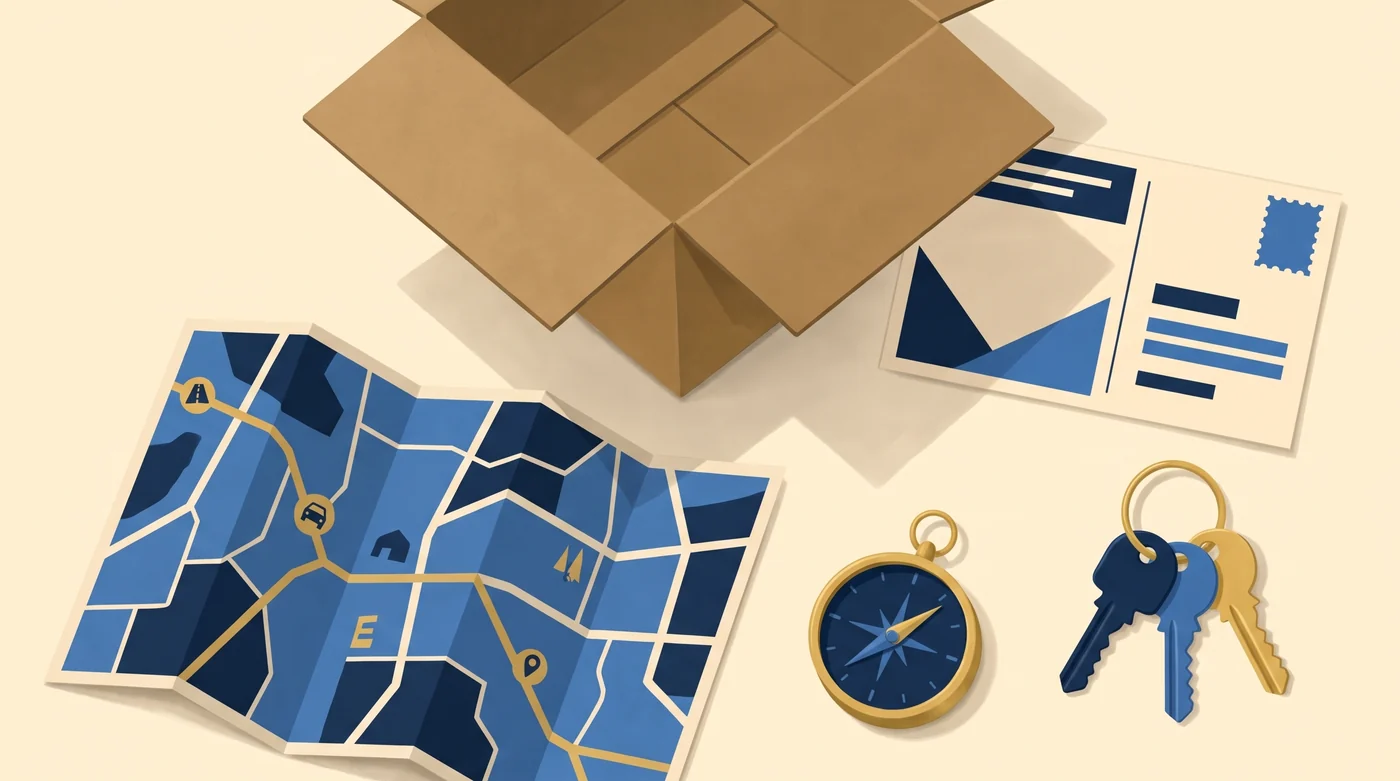 Top-down flat illustration of an open cardboard moving box, a folded blue road map, a gold compass, a set of house keys and a change-of-address postcard, representing Medicare coverage that moves with you when you relocate to a new state