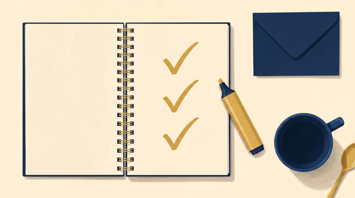 Top-down flat illustration of an open spiral notepad marked with three gold checkmarks, a gold highlighter, a navy envelope and a navy mug, representing common Medicare questions answered clearly